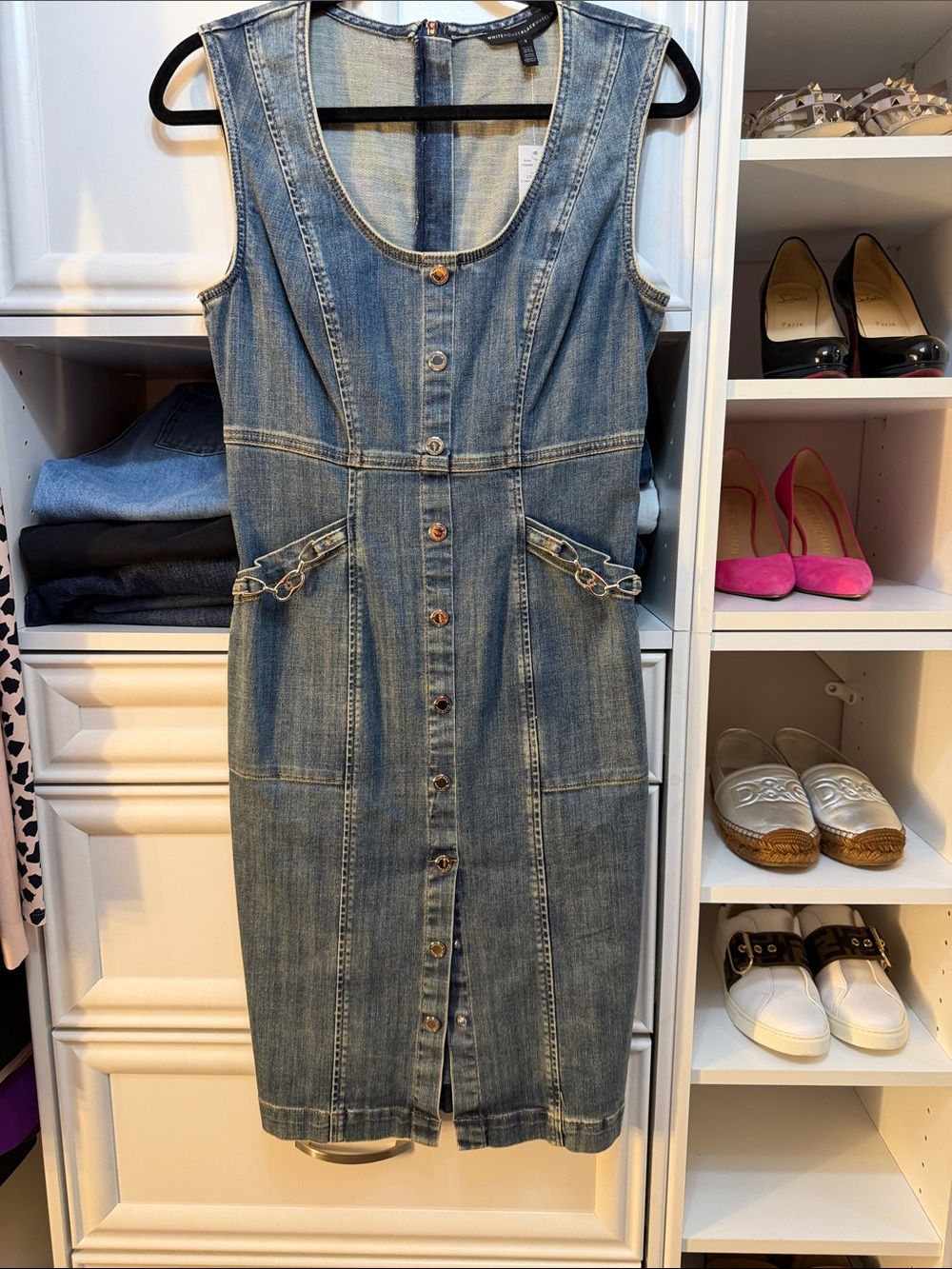 White House Black Market Medium Blue Denim Dress with silver Chain Accent